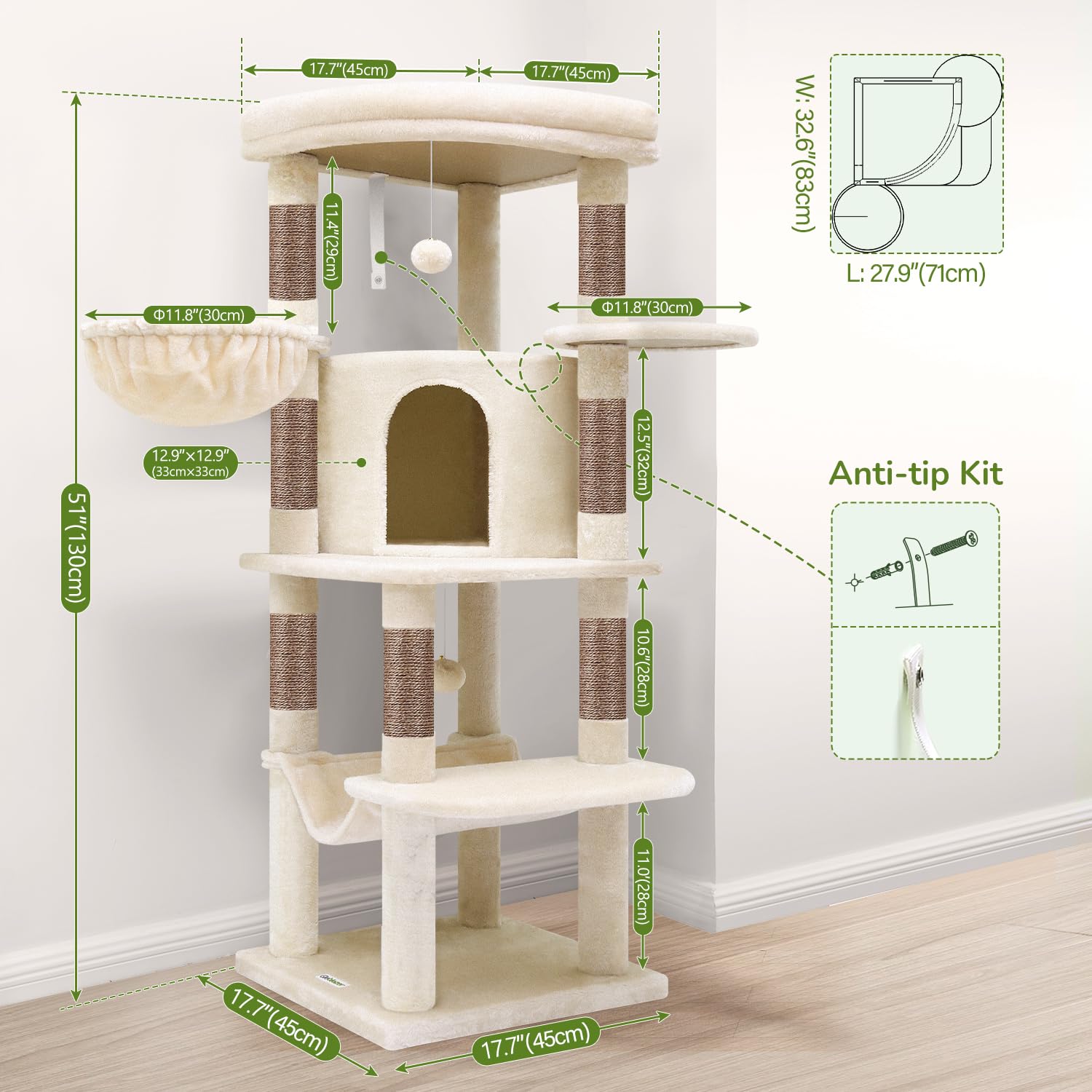 Cat tree with large platform and hammock — 2